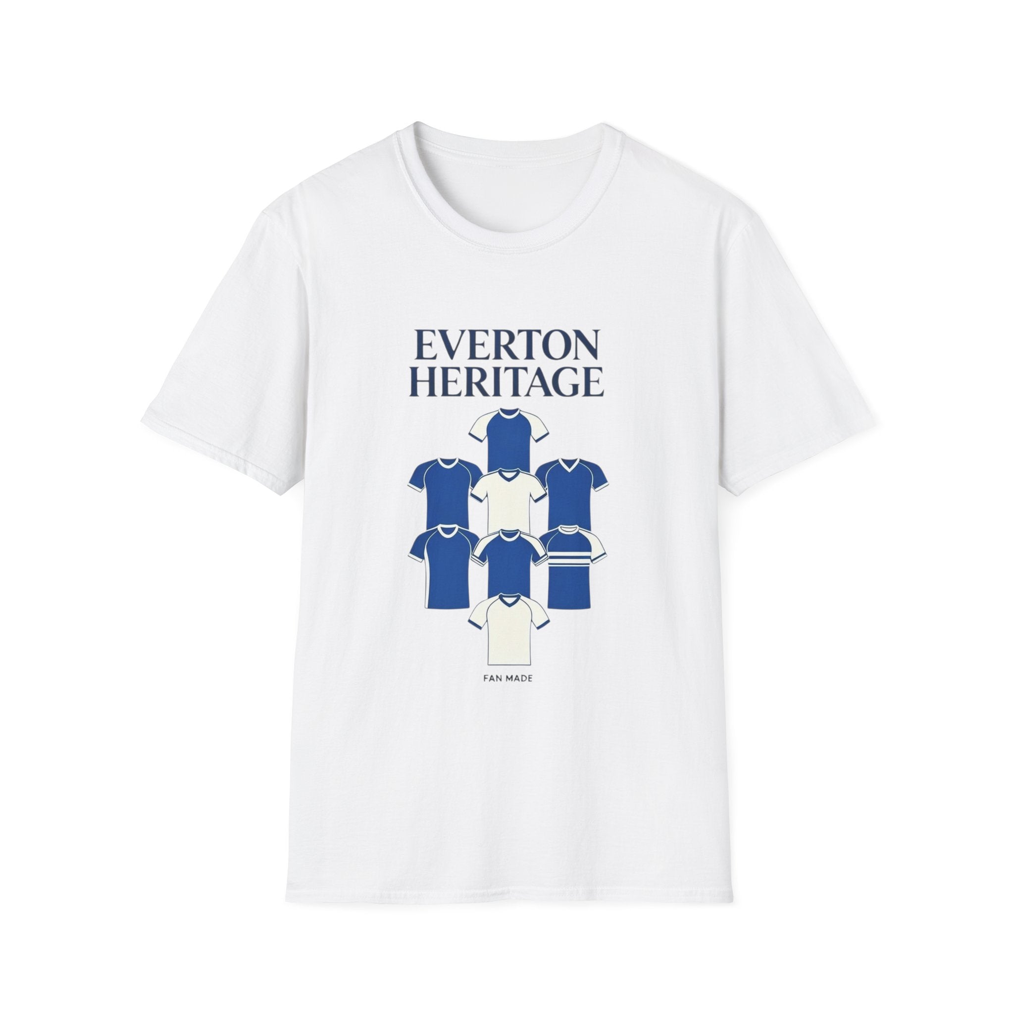 Everton Heritage Retro Football Tee — 'Club Kits' Blue Collage T-Shirt