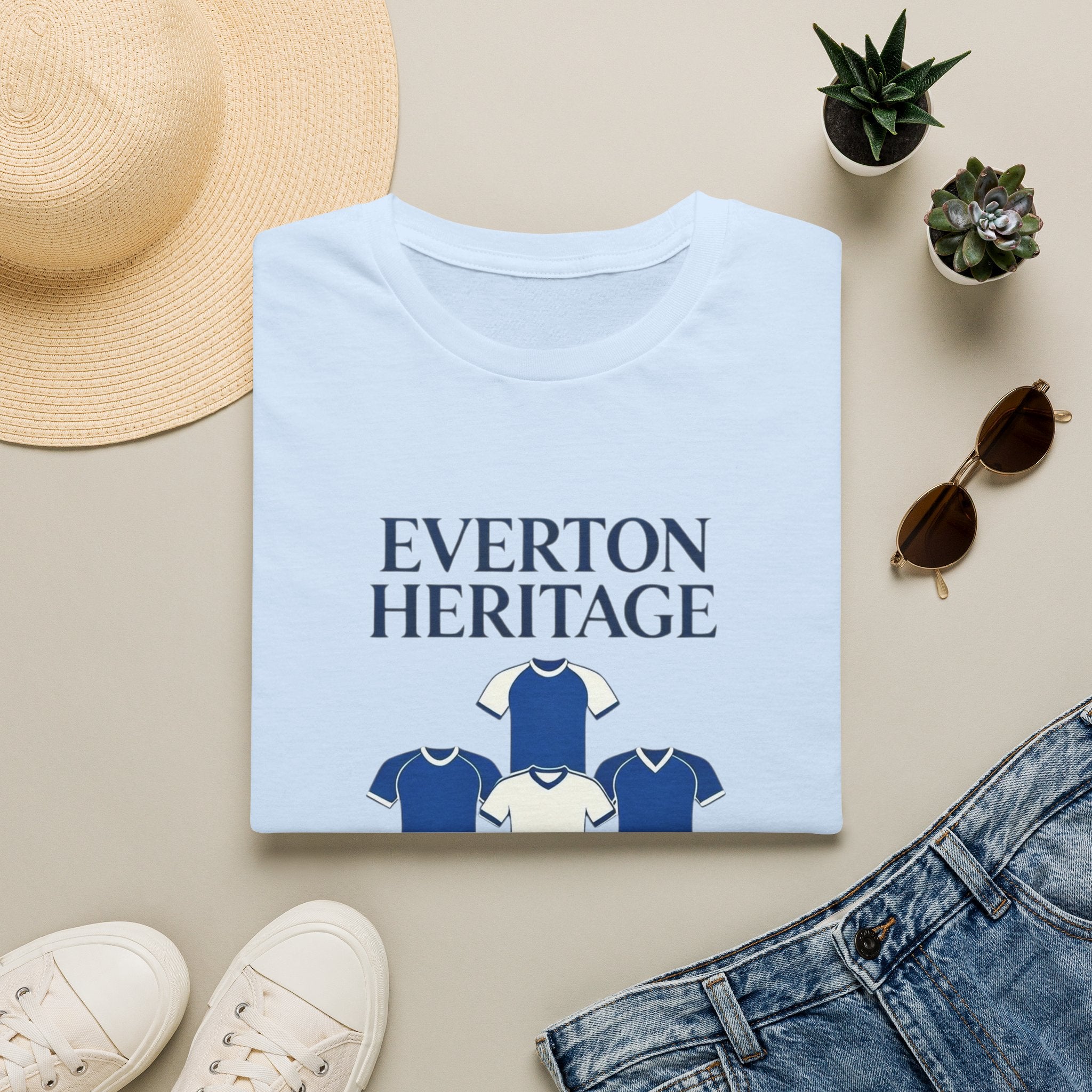 Everton Heritage Retro Football Tee — 'Club Kits' Blue Collage T-Shirt