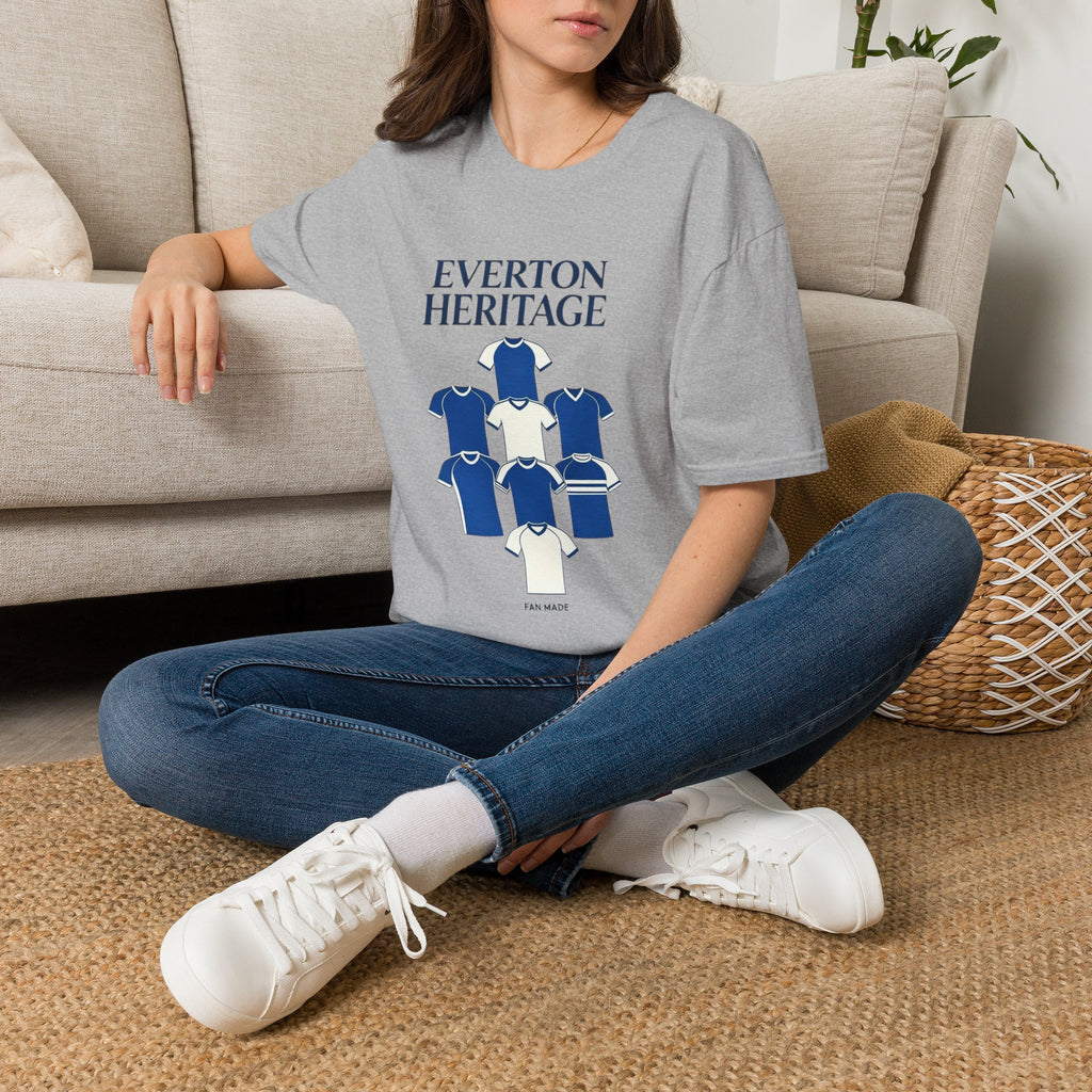 Everton Heritage Retro Football Tee — 'Club Kits' Blue Collage T-Shirt