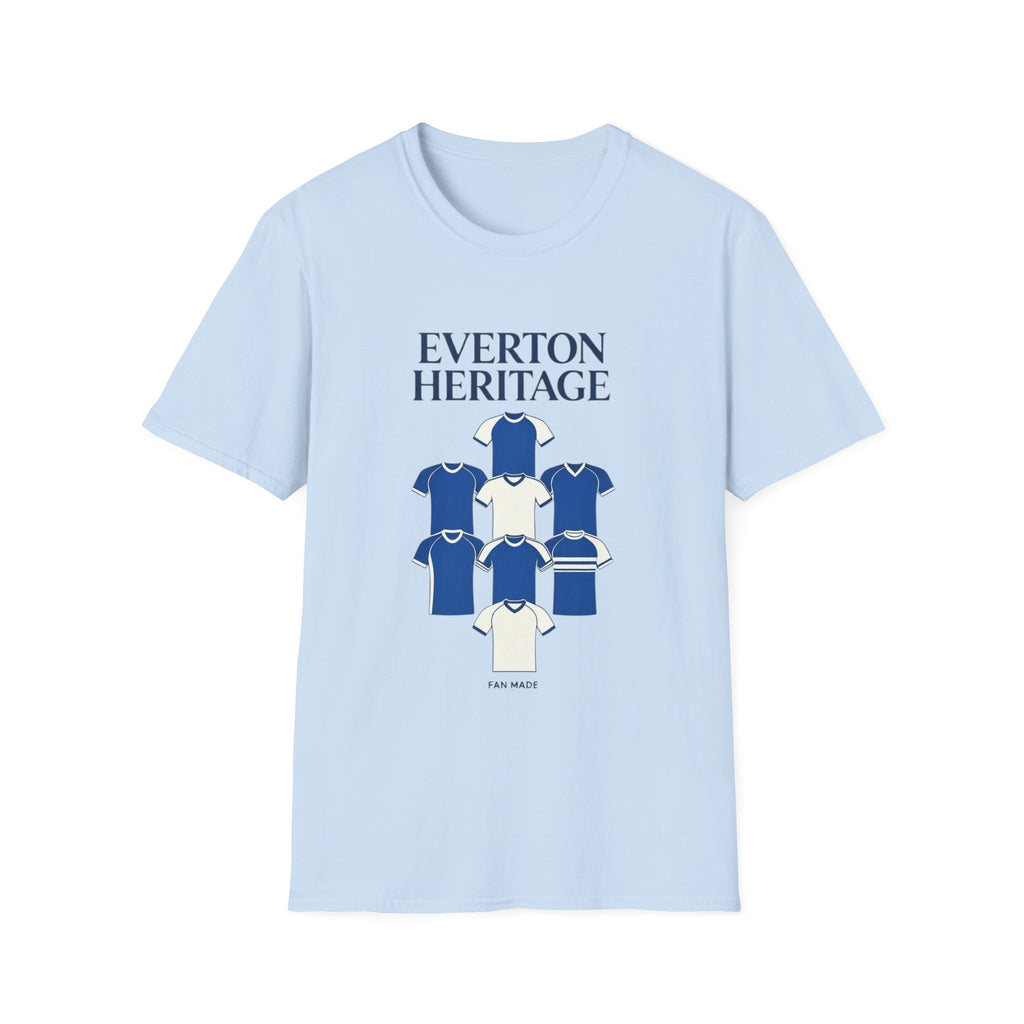 Everton Heritage Retro Football Tee — 'Club Kits' Blue Collage T-Shirt