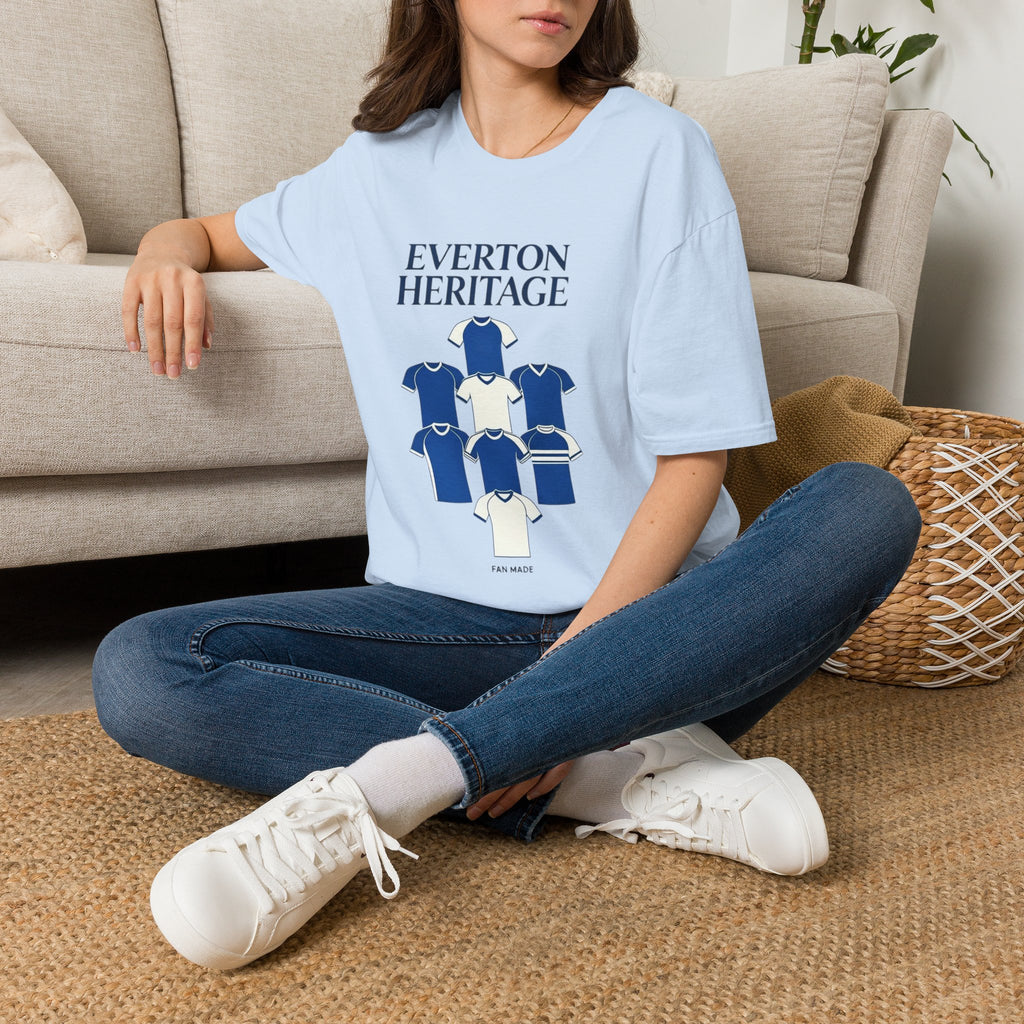 Everton Heritage Retro Football Tee — 'Club Kits' Blue Collage T-Shirt