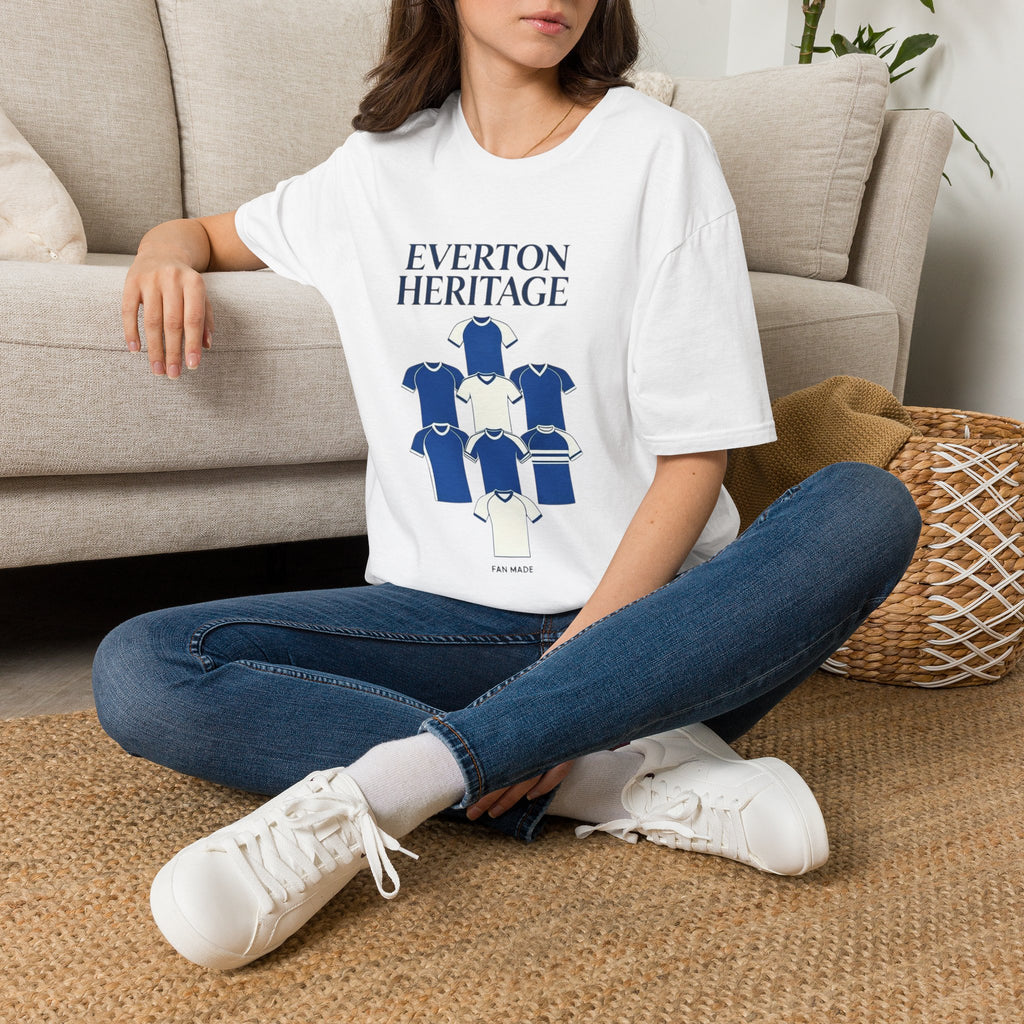 Everton Heritage Retro Football Tee — 'Club Kits' Blue Collage T-Shirt